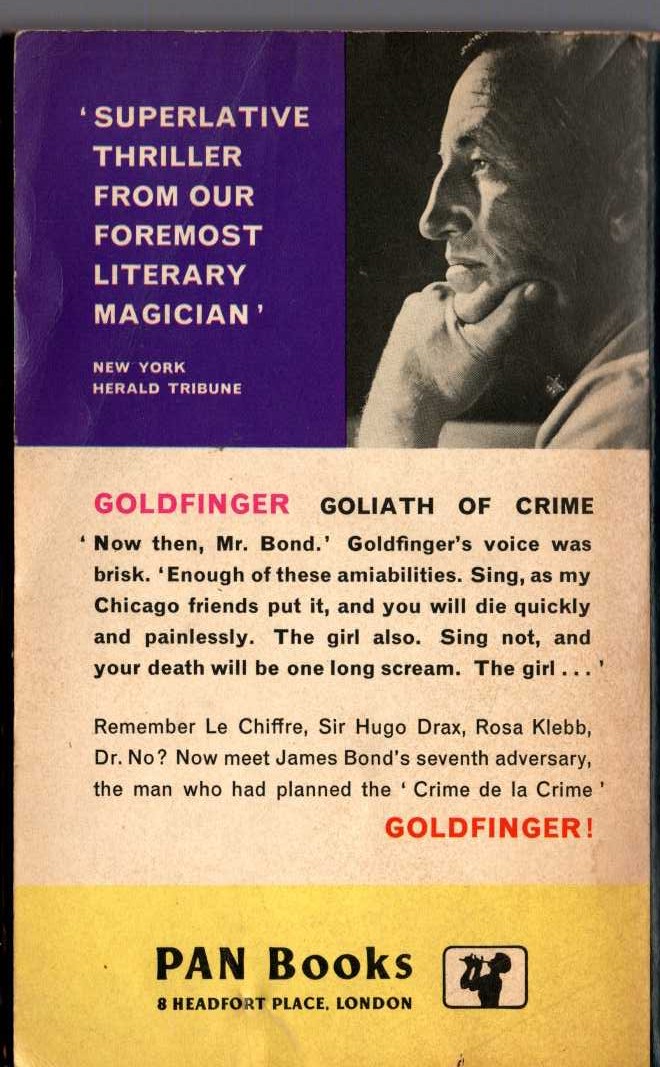 Ian Fleming  GOLDFINGER magnified rear book cover image