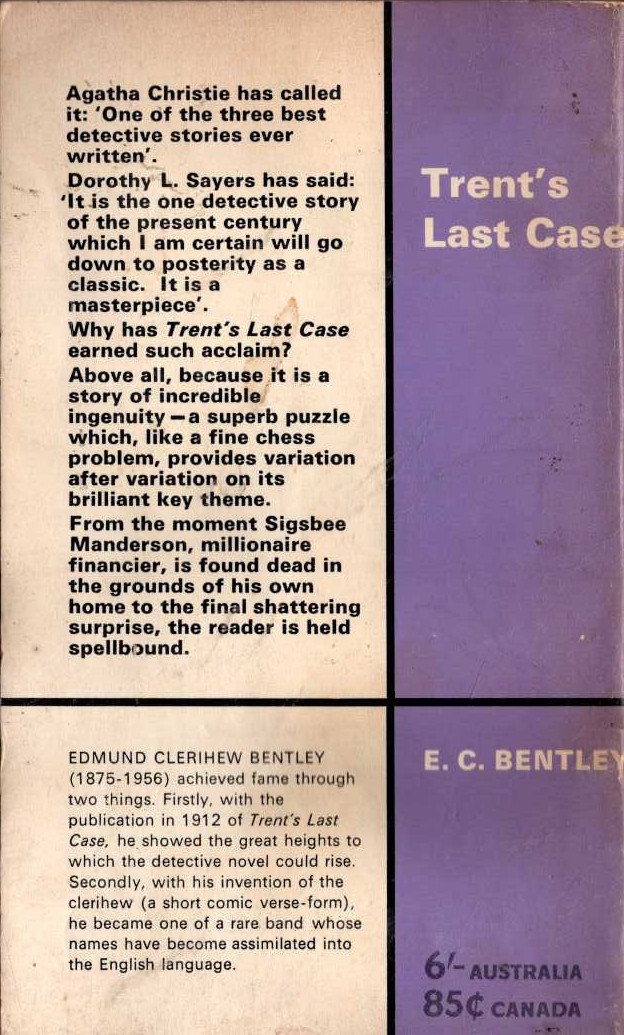 E.C Bentley  TRENT'S LAST CASE magnified rear book cover image