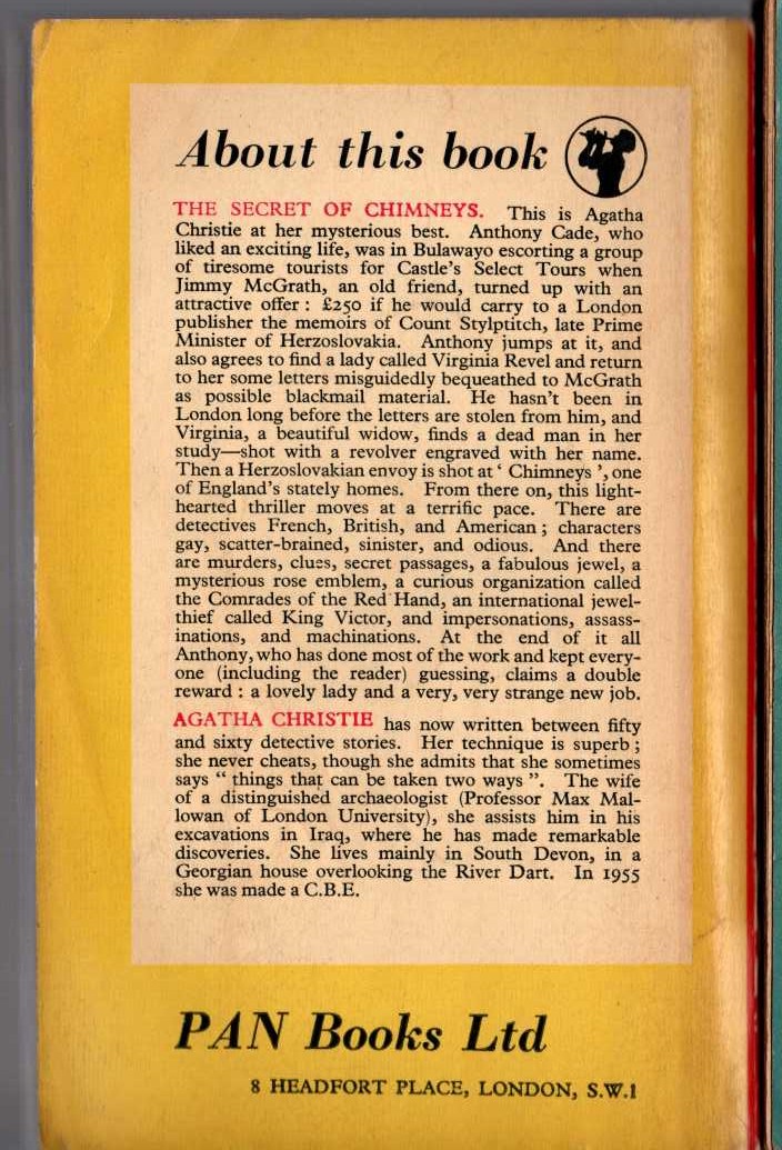 Agatha Christie  THE SECRET OF CHIMNEYS magnified rear book cover image
