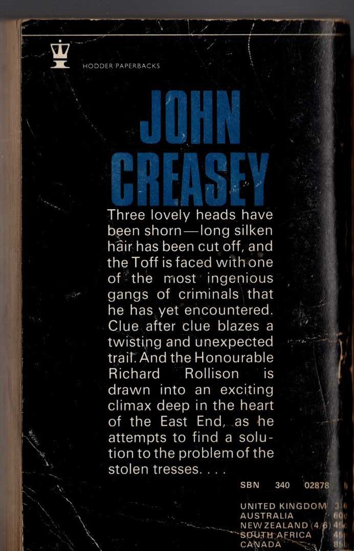 John Creasey  THE TOFF AND THE STOLEN TRESSES magnified rear book cover image