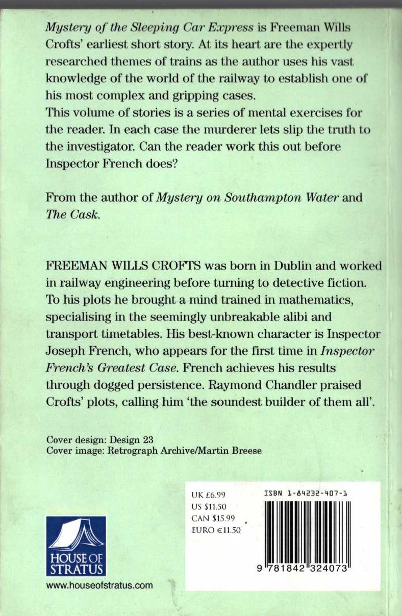Freeman Wills Crofts  THE MYSTERY OF THE SLEEPING CAR EXPRESS AND OTHER STORIES magnified rear book cover image