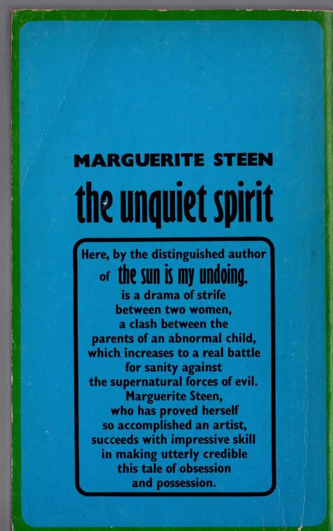 Marguerite Steen  THE UNQUIET SPIRIT magnified rear book cover image