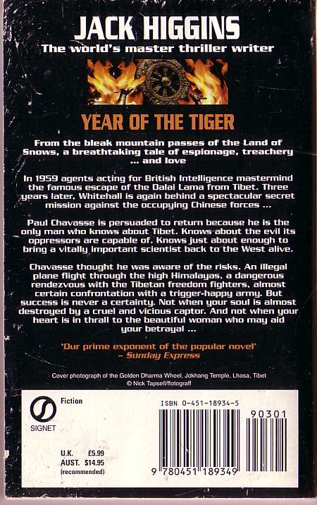 Jack Higgins  YEAR OF THE TIGER magnified rear book cover image