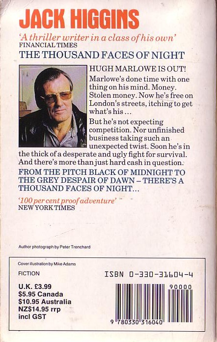 Harry Patterson  THE THOUSAND FACES OF NIGHT magnified rear book cover image