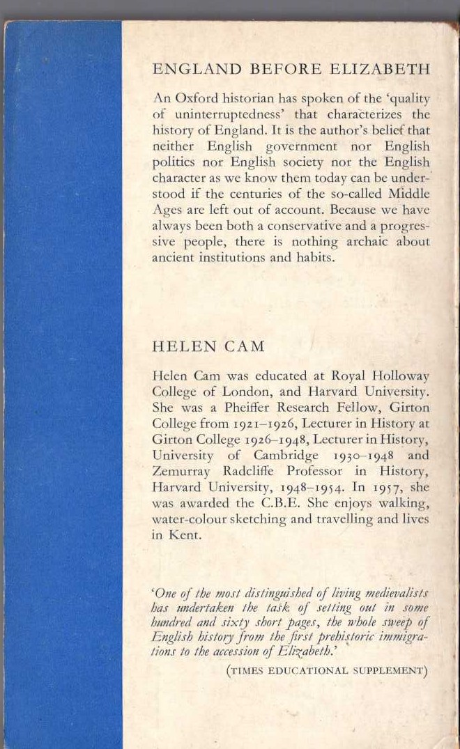 Helen Cam  ENGLAND BEFORE ELIZABETH magnified rear book cover image