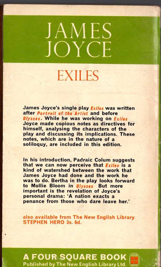James Joyce  EXILES magnified rear book cover image