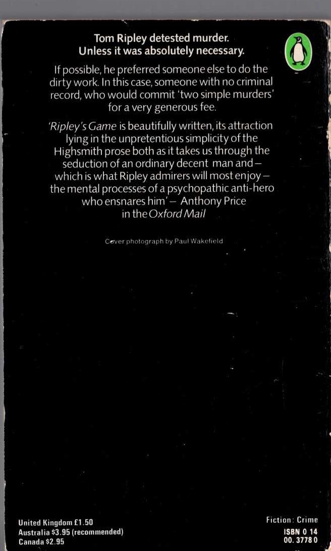Patricia Highsmith  RIPLEY'S GAME magnified rear book cover image