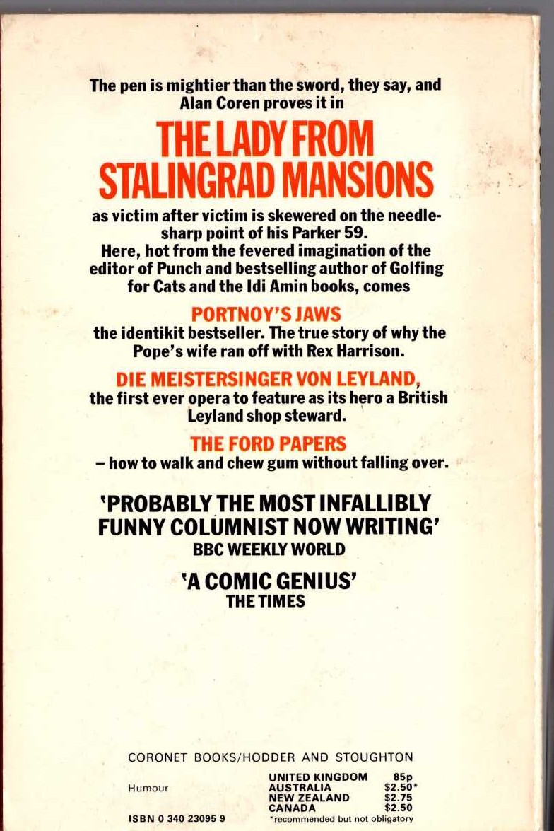 Alan Coren  THE LADY FROM STALINGRAD MANSIONS magnified rear book cover image