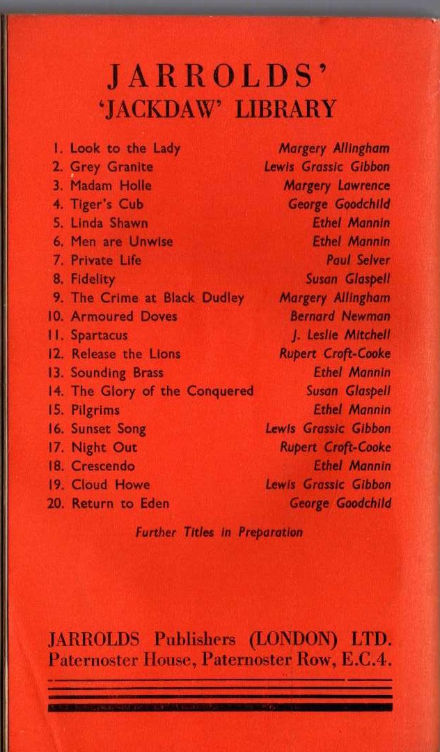 Ethel Mannin  SOUNDING BRASS magnified rear book cover image