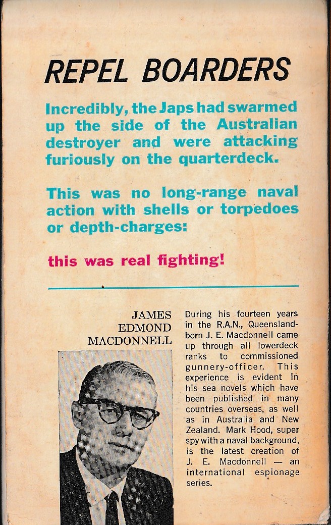 J.E. Macdonnell  REPEL BOARDERS magnified rear book cover image