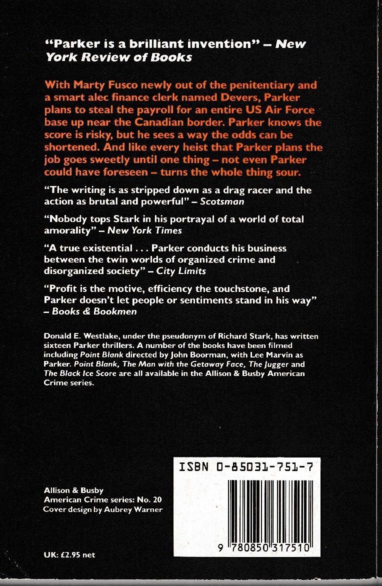 Richard Stark  THE GREEN EAGLE SCORE magnified rear book cover image