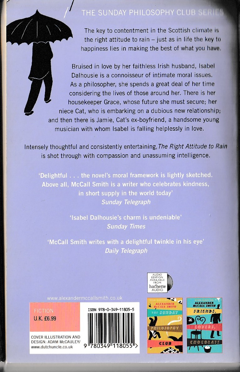 Alexander McCall Smith  THE RIGHT ATTITUDE TO RAIN magnified rear book cover image