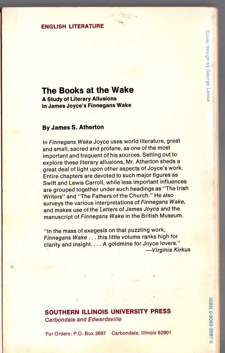 (James S.Atherton) THE BOOKS AT THE WAKE. A Study in Literary Allusiions in James Joyce's Finnegans Wake magnified rear book cover image