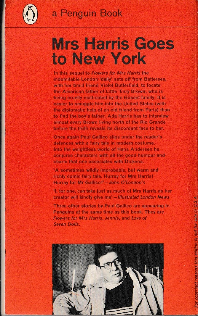 Paul Gallico  MRS HARRIS GOES TO NEW YORK magnified rear book cover image