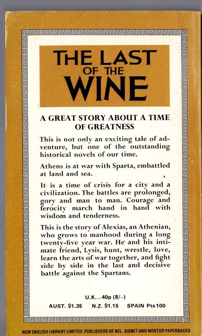 Mary Renault  THE LAST OF THE WINE magnified rear book cover image