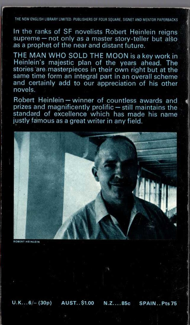 Robert A. Heinlein  THE MAN WHO SOLD THE MOON magnified rear book cover image