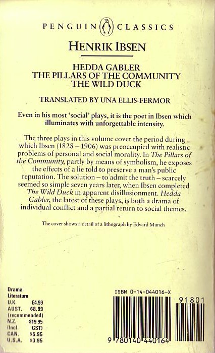 Henrik Ibsen  HEDDA GABLER/ THE PILLARS OF THE COMMUNITY/ THE WILD DUCK magnified rear book cover image