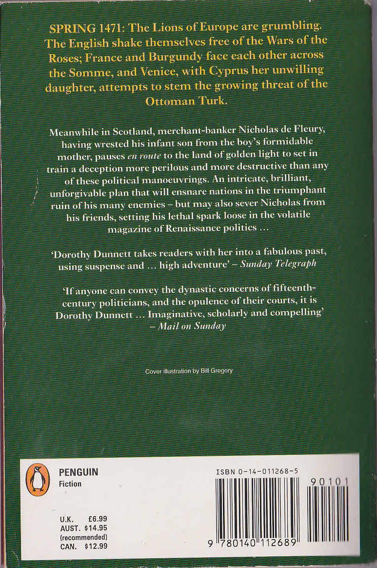 Dorothy Dunnett  TO LIE WITH LIONS magnified rear book cover image
