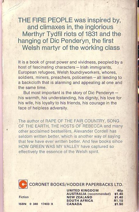 Alexander Cordell  THE FIRE PEOPLE magnified rear book cover image