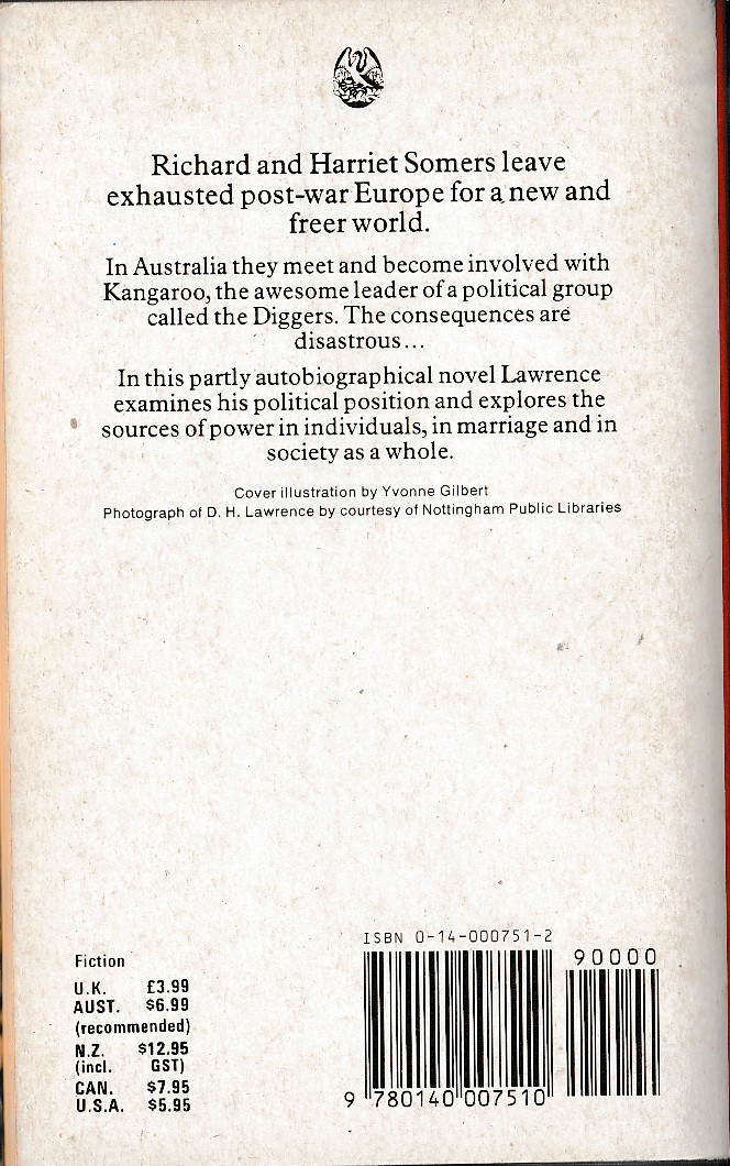D.H. Lawrence  KANGAROO magnified rear book cover image