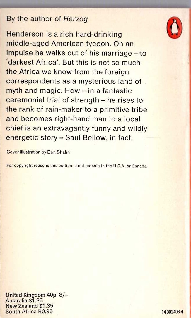 Saul Bellow  HENDERSON THE RAIN KING magnified rear book cover image