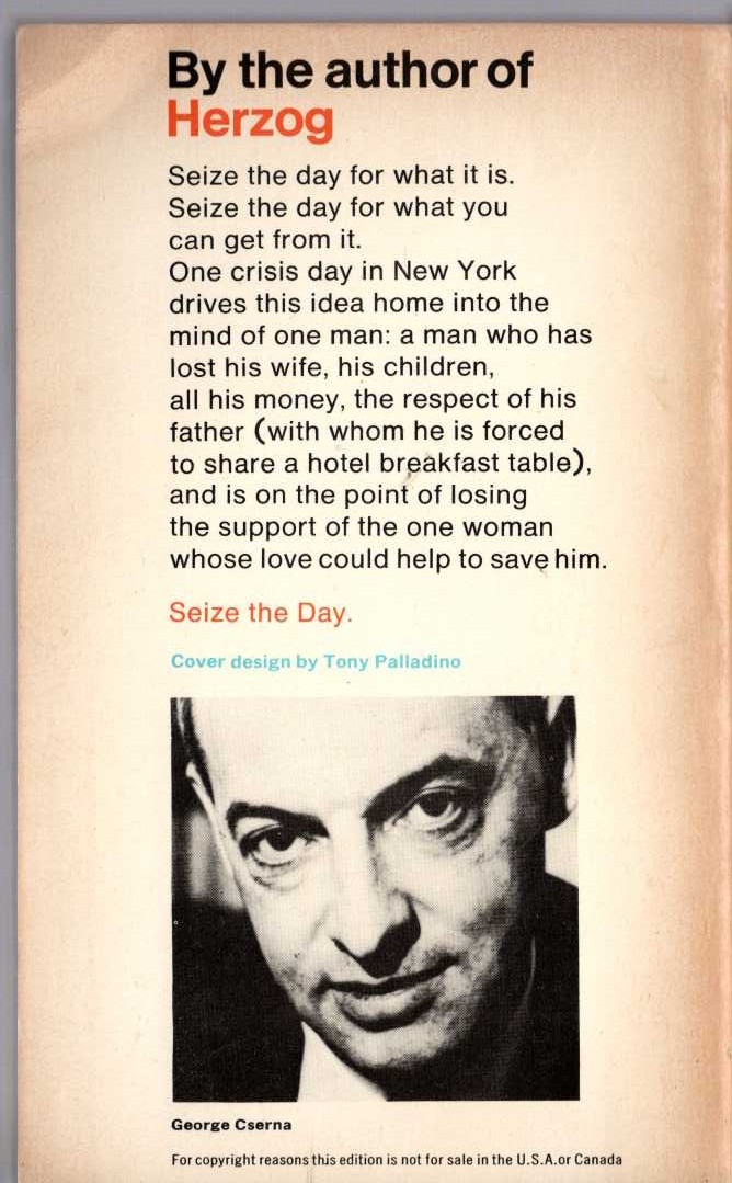 Saul Bellow  SEIZE THE DAY magnified rear book cover image