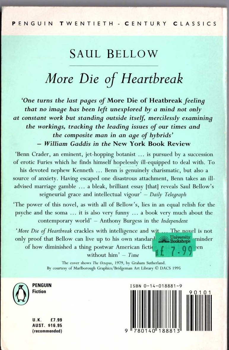 Saul Bellow  MORE DIE OF HEARTBREAK magnified rear book cover image