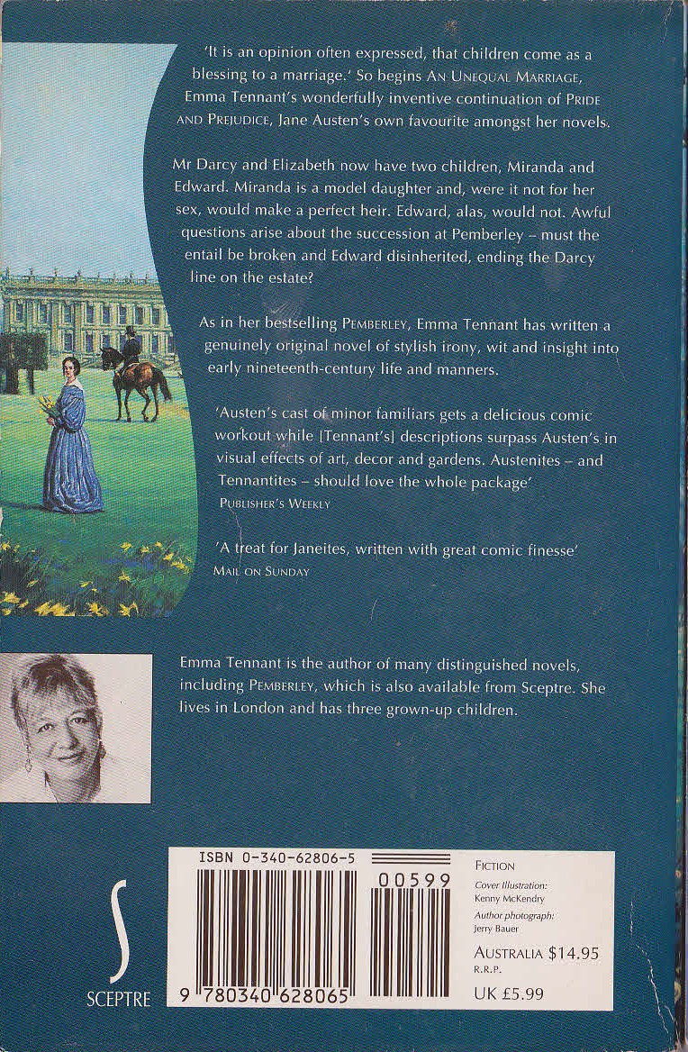 Emma Tennant  AN UNEQUAL MARRIAGE magnified rear book cover image