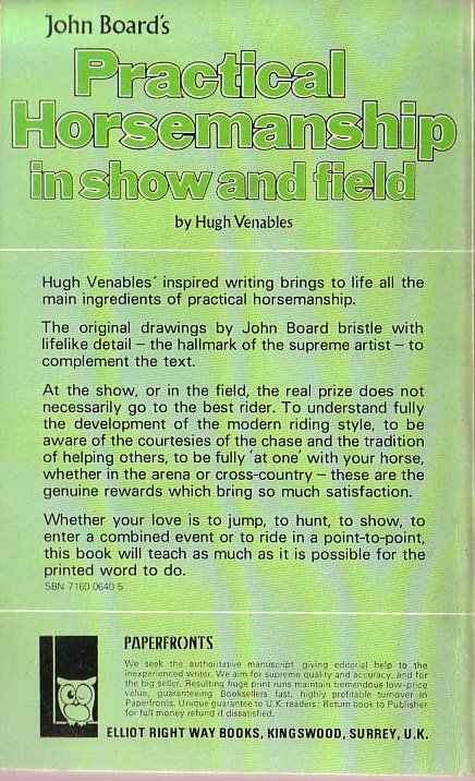 Hugh Venables  PRACTICAL HORSEMANSHIP IN SHOW AND FIELD magnified rear book cover image