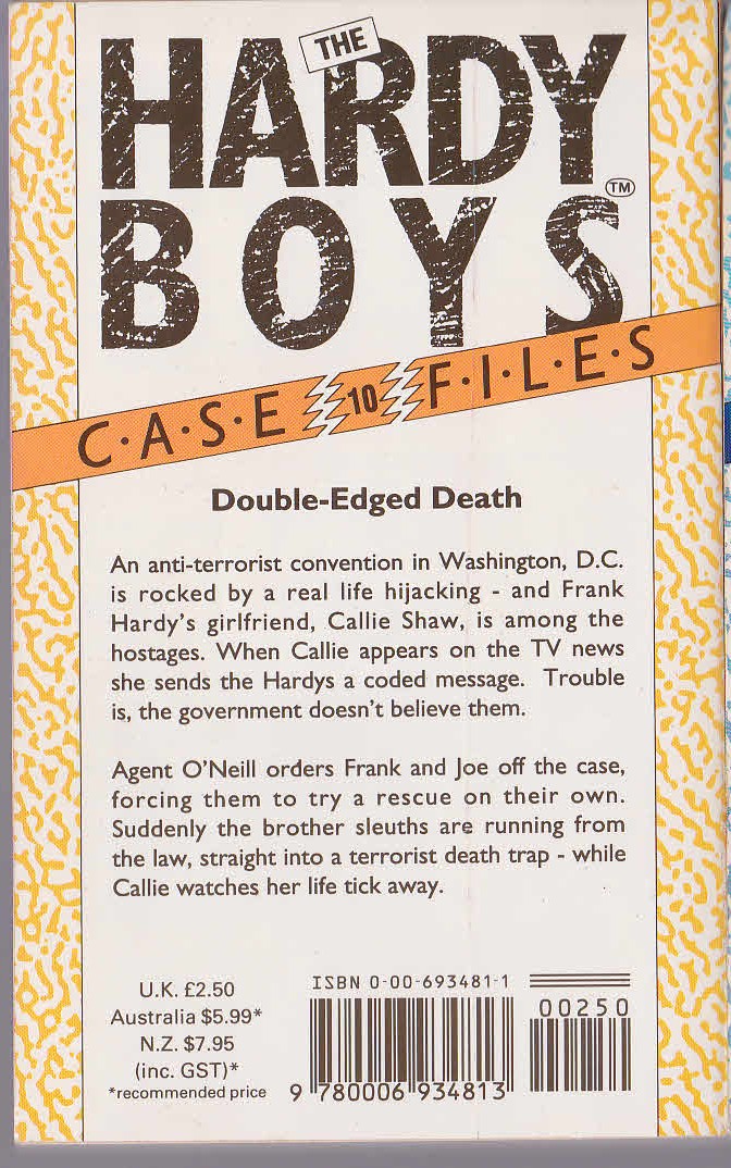 Franklin W. Dixon  THE HARDY BOYS CASEFILES: #10 HOSTAGES OF HATE magnified rear book cover image
