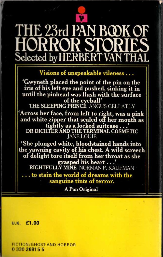 Herbert van Thal (selects) THE 23rd PAN BOOK OF HORROR STORIES. Vol.23 magnified rear book cover image