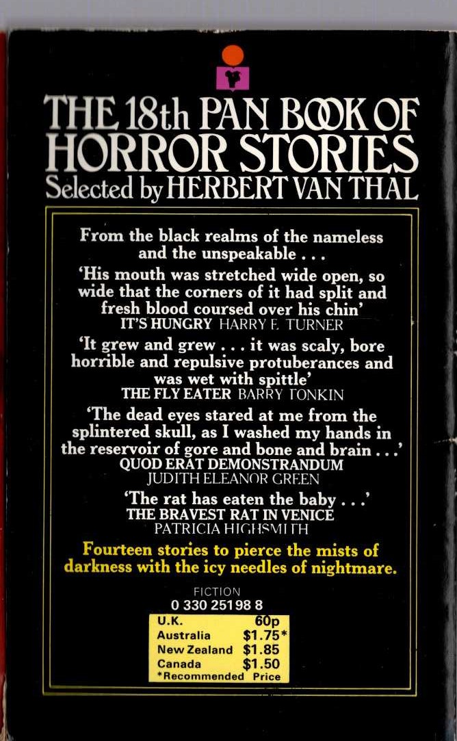 Herbert van Thal (selects) THE 18th PAN BOOK OF HORROR STORIES. Vol.18 magnified rear book cover image