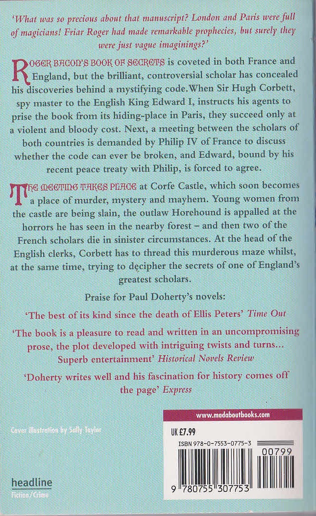 Paul Doherty  THE MAGICIAN'S DEATH magnified rear book cover image