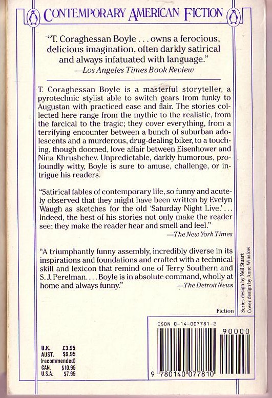 T.Coraghessan Boyle  GREASY LAKE & Other Stories magnified rear book cover image