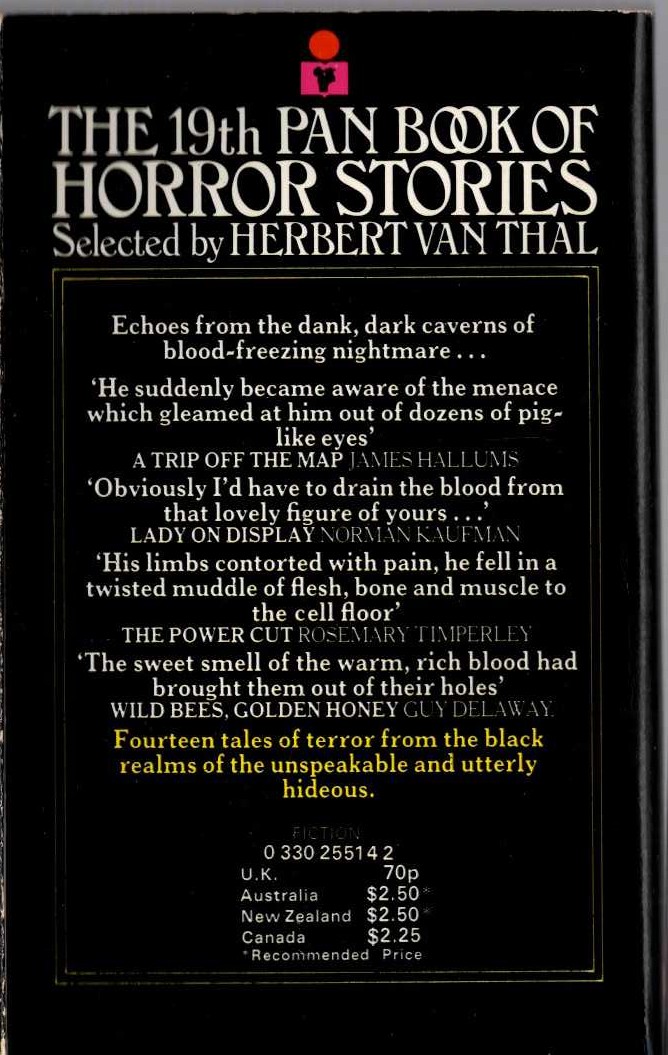 Herbert van Thal (selects) THE 19th PAN BOOK OF HORROR STORIES. Vol.19 magnified rear book cover image