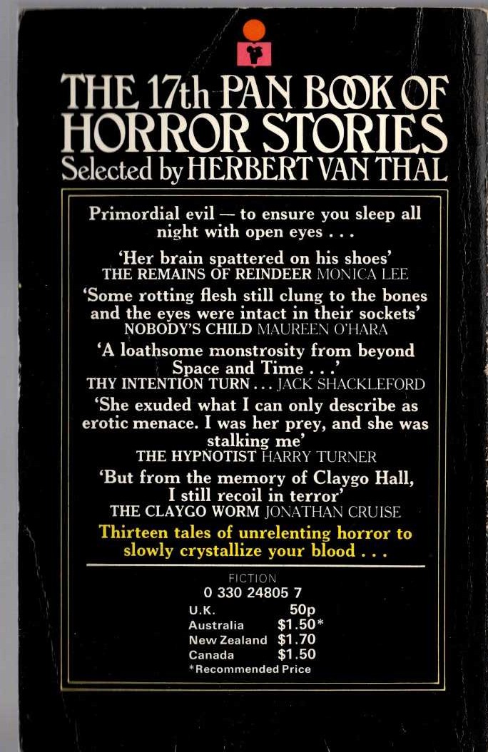 Herbert van Thal (selects) THE 17th PAN BOOK OF HORROR STORIES. Vol.17 magnified rear book cover image