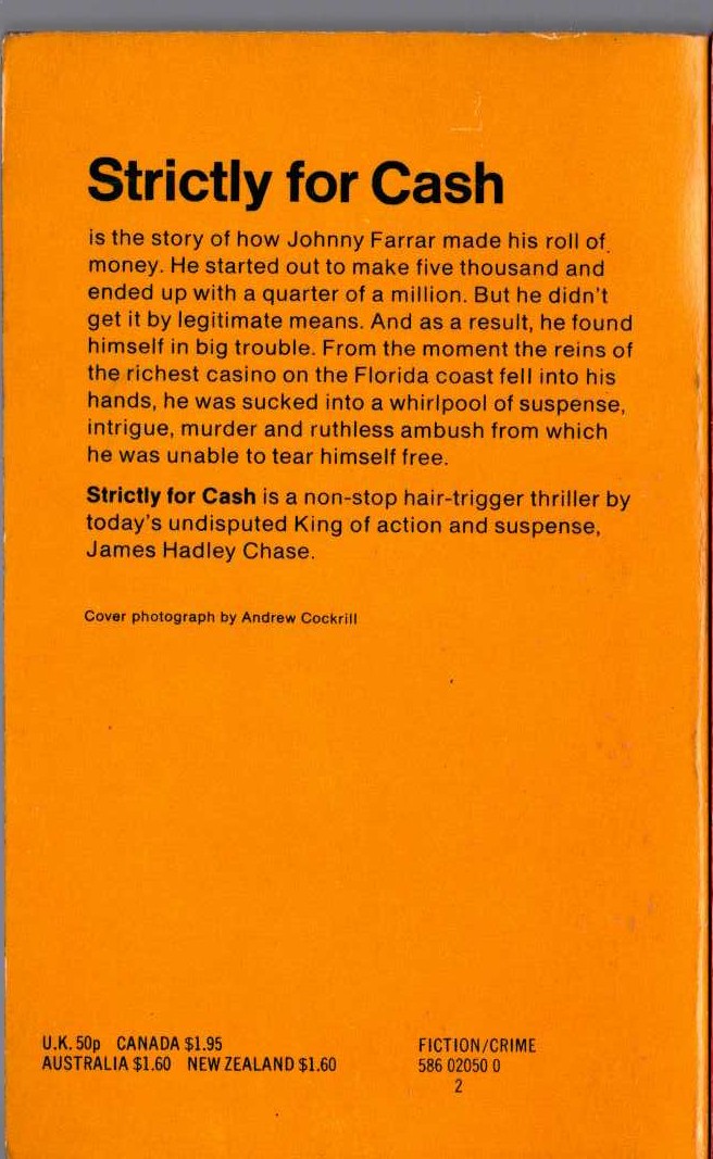 James Hadley Chase  STRICTLY FOR CASH magnified rear book cover image