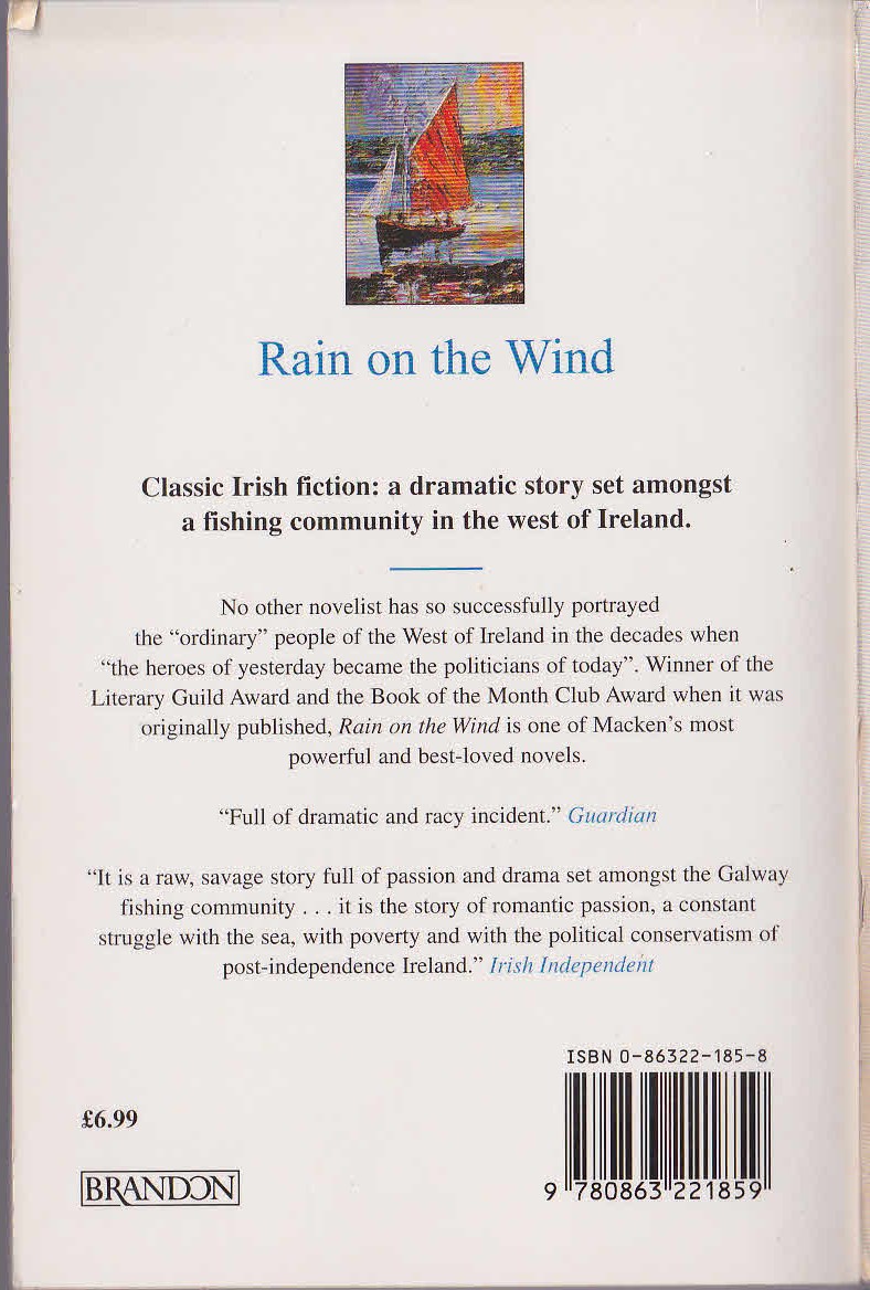 Walter Macken  RAIN ON THE WIND magnified rear book cover image