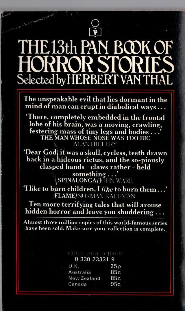 Herbert van Thal (selects) THE 13th PAN BOOK OF HORROR STORIES. Vol.13 magnified rear book cover image