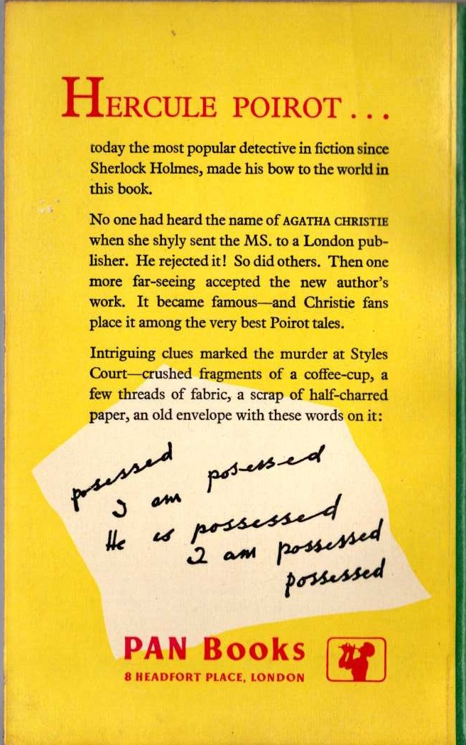 Agatha Christie  THE MYSTERIOUS AFFAIR AT STYLES magnified rear book cover image