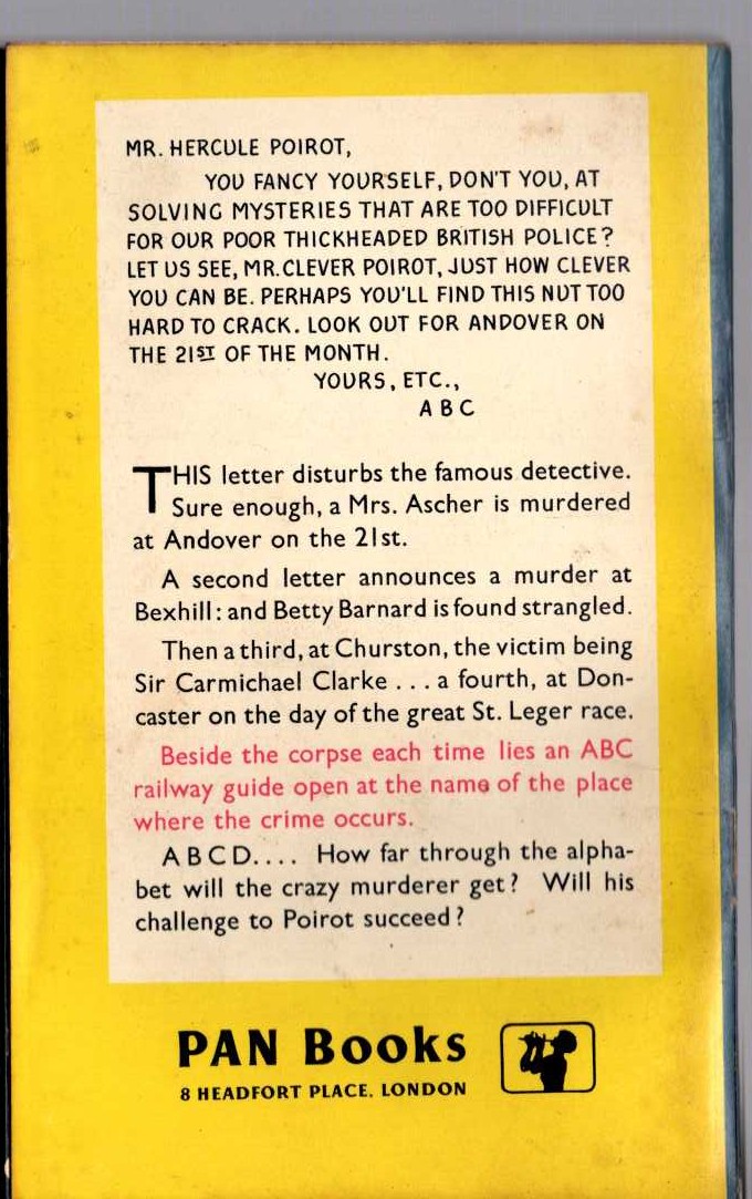 Agatha Christie  THE ABC MURDERS magnified rear book cover image