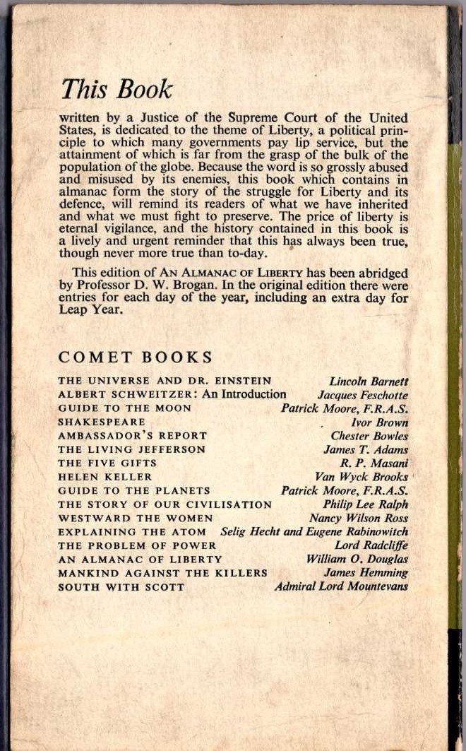 William O. Douglas  AN ALMANAC OF LIBERTY. An Anthology of Liberty by a Supreme Court Justice magnified rear book cover image