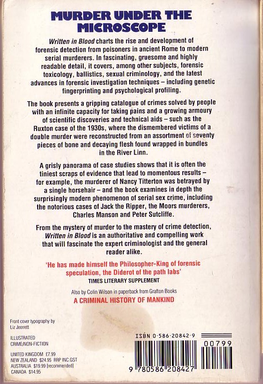 Colin Wilson  WRITTEN IN BLOOD. A History of Forensic Detection magnified rear book cover image
