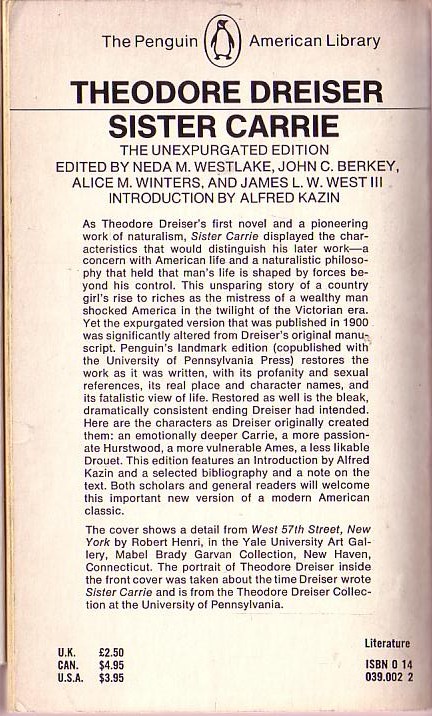 Theodore Dreiser  SISTER CARRIE magnified rear book cover image