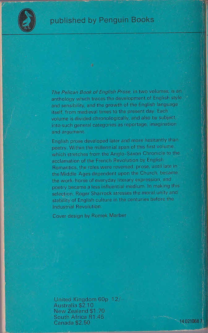 Roger Sharrock (Edits) THE PELICAN BOOK OF ENGLISH PROSE (1) From the beginnings to 1800 magnified rear book cover image