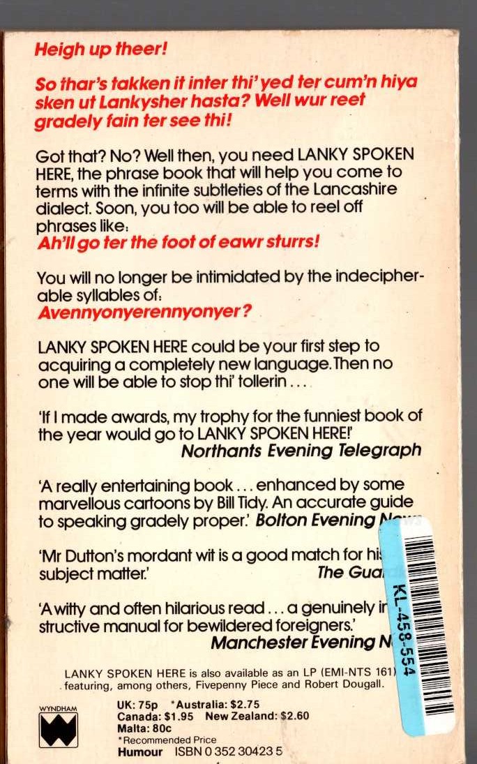 (Bill Tidy illustrates and Dave Dutton compiles) LANKY SPOKEN HERE! A Guide to Lancashire Dialect magnified rear book cover image