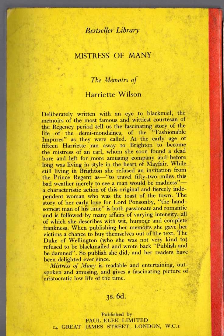 Harriette Wilson  MISTRESS OF MANY magnified rear book cover image