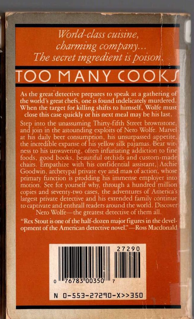 Rex Stout  TOO MANY COOKS magnified rear book cover image