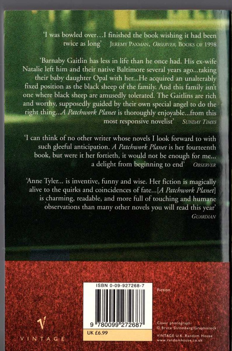 Anne Tyler  A PATCHWORK PLANET magnified rear book cover image