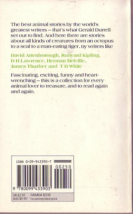 (Gerald Durrell edits) MY FAVOURITE ANIMAL STORIES magnified rear book cover image